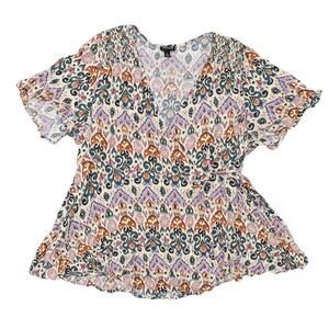 Torrid Plus Size 2 Rayon Blouse Wrap Geometric V Neck Multicolor Short Sleeve